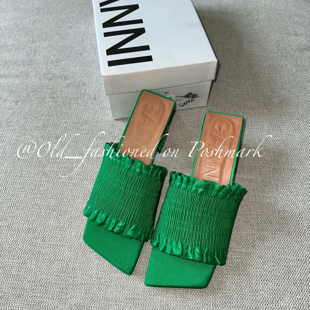 GANNI Smocked Kitten-Heel Mules